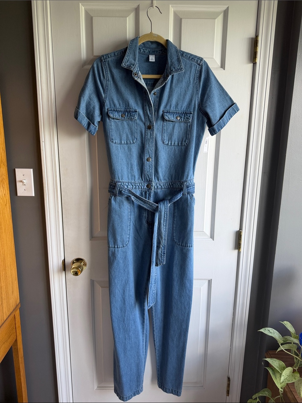 Old Navy Light Blue Denim Short-Sleeve Jumpsuit - S Tall